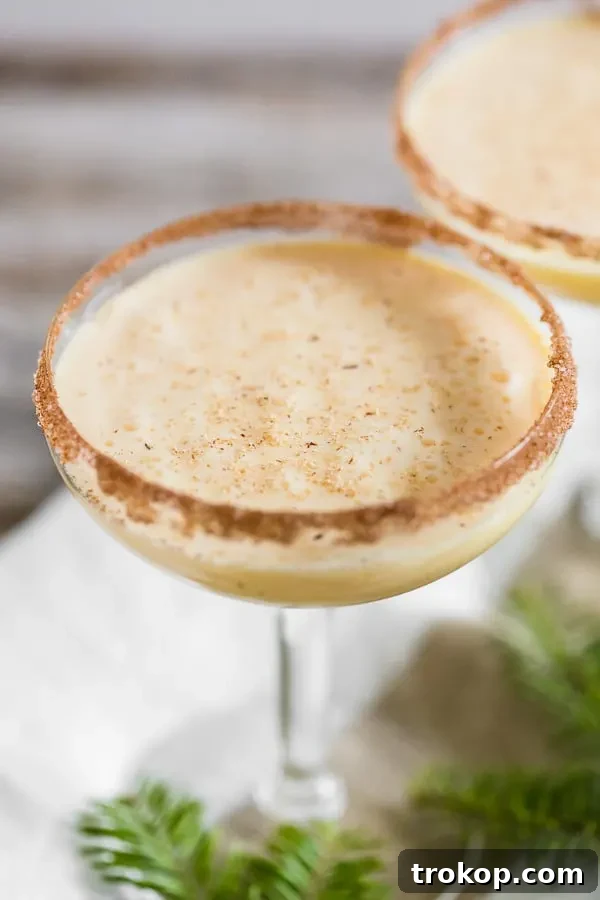 25 Easy & Festive Christmas Cocktails for Holiday Merriment 21 Eggnog Martini for Christmas cocktails, a creamy drink in a martini glass with nutmeg garnish.
