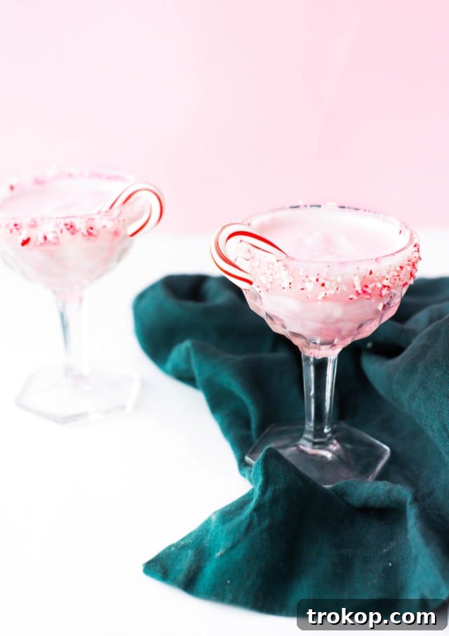 25 Easy & Festive Christmas Cocktails for Holiday Merriment 5 Photo of the White Chocolate Candy Cane Cocktail recipe by Sugar & Cloth, an award winning DIY, recipe, and lifestyle blog. Features a creamy white drink garnished with a candy cane stick.