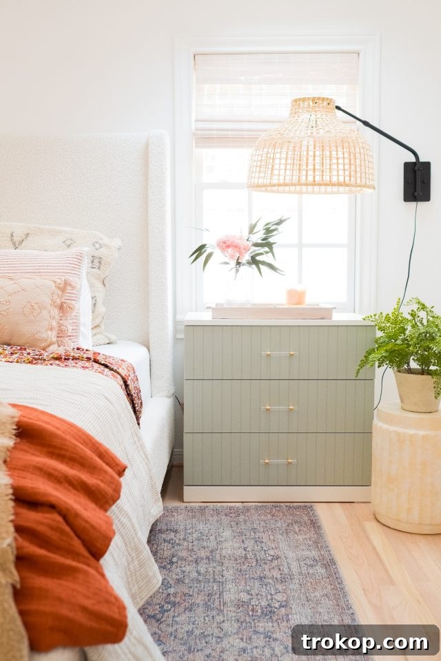 Details of the cottage bedroom, from textures to decorative elements, all contributing to a cohesive and inviting look.