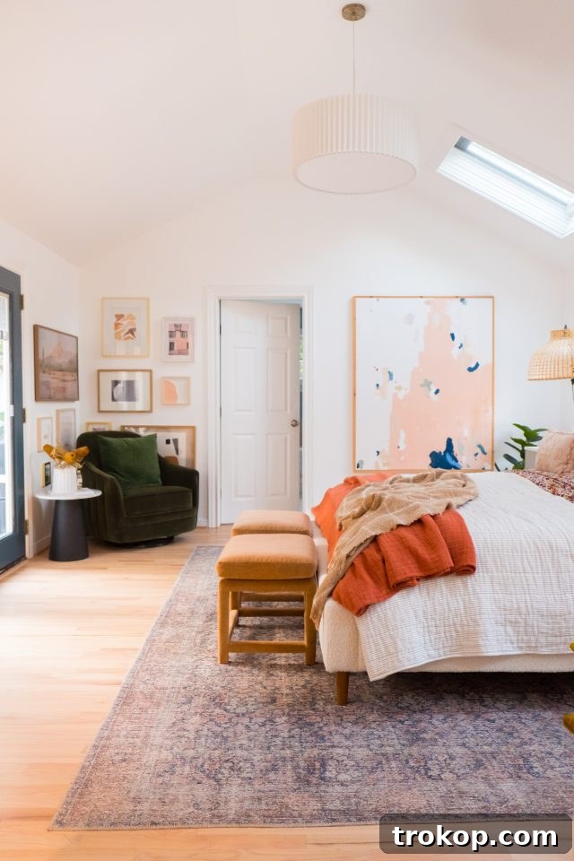A beautifully composed shot of the cottage bedroom, highlighting the design details and the role of natural light.