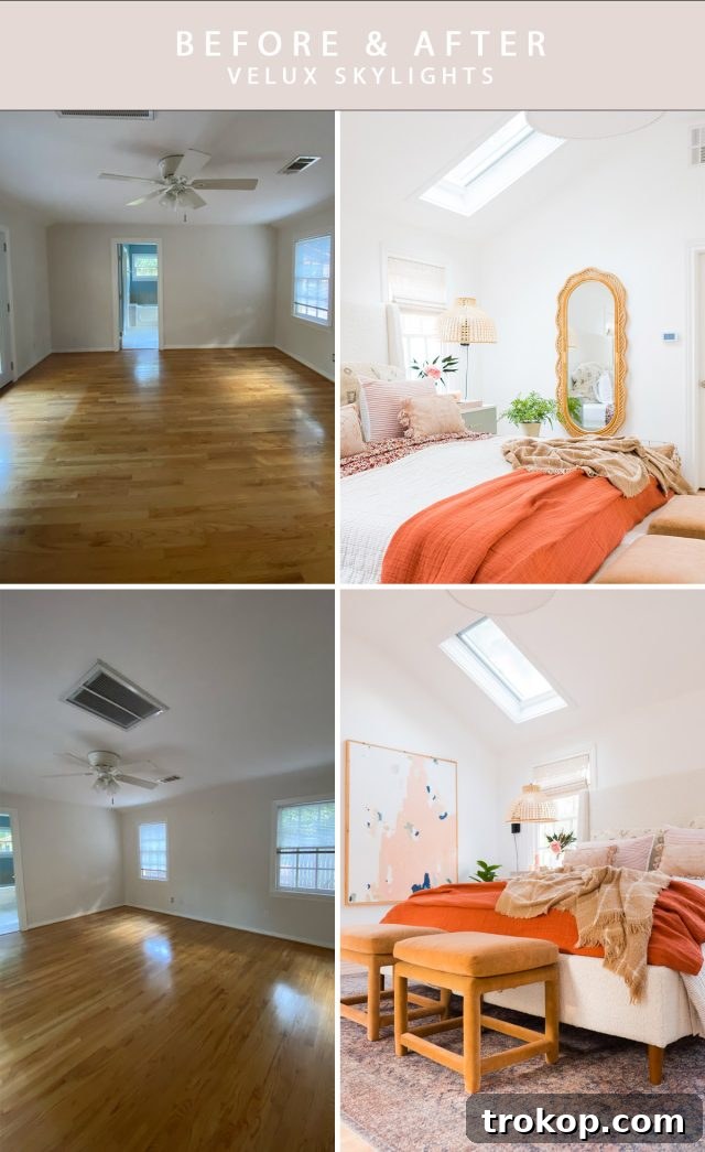 Graphic depicting the before and after transformation of a cottage bedroom with VELUX Skylights, highlighting the dramatic increase in natural light and open feel by Ashley Rose of Sugar & Cloth.