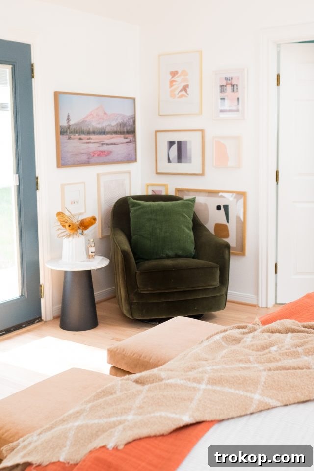 Bedroom artwork displayed in a newly renovated cottage bedroom, bathed in soft, natural light by Ashley Rose of Sugar & Cloth.