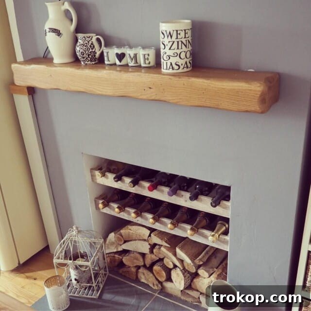 Wine rack installed in an empty fireplace, creating a unique bar area.