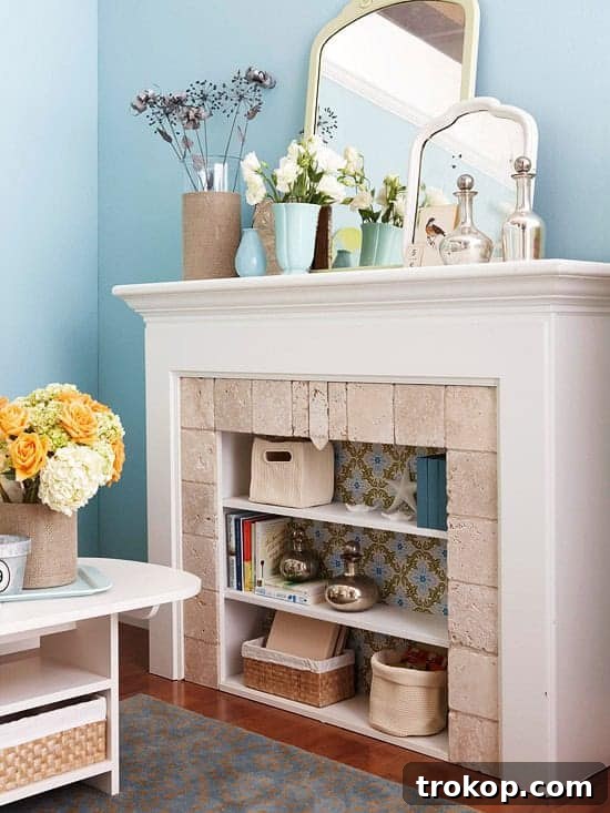 Baskets used as storage in an empty fireplace.