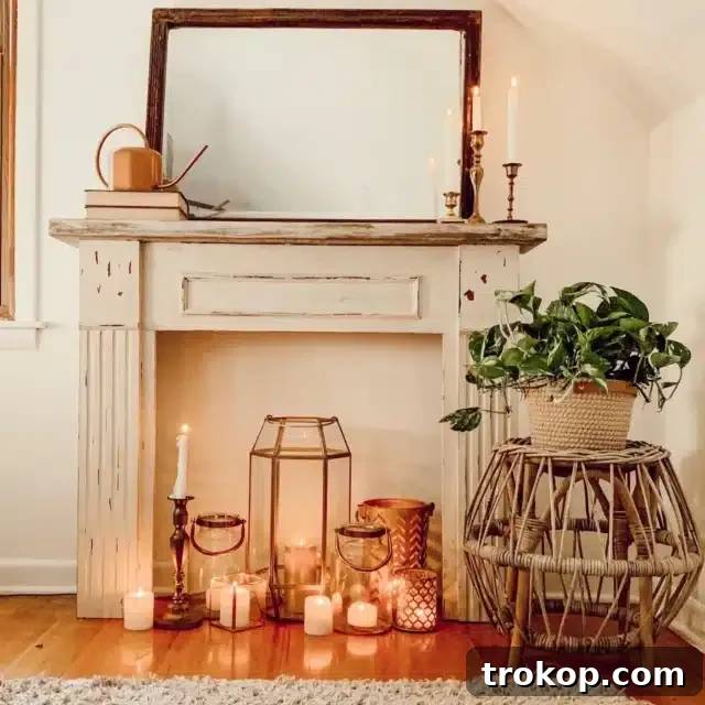 Arrangement of candles in an empty fireplace for a cozy glow.