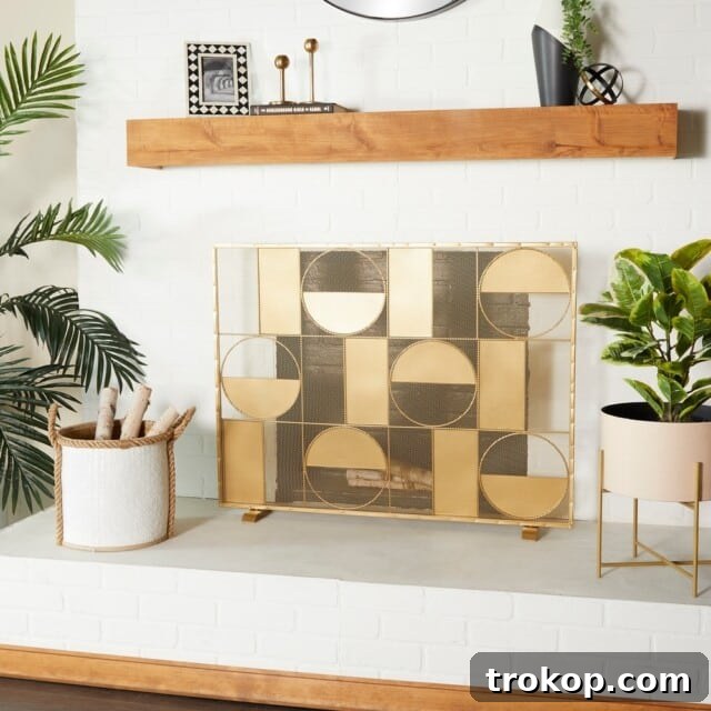Stylish fireplace screen covering an empty fireplace.