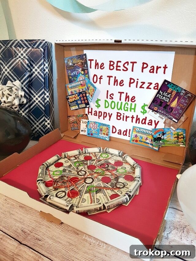 Money Pizza, dollar bills arranged like pizza slices in a pizza box