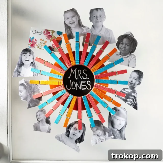 Teacher Appreciation Clothespin Wreath with gift cards and photos clipped on