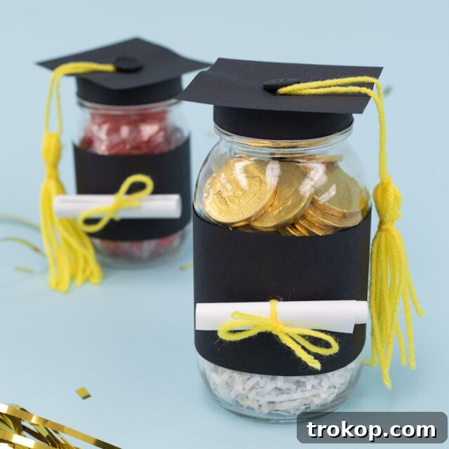 Graduation Gift Money Jar, decorated mason jar filled with rolled bills