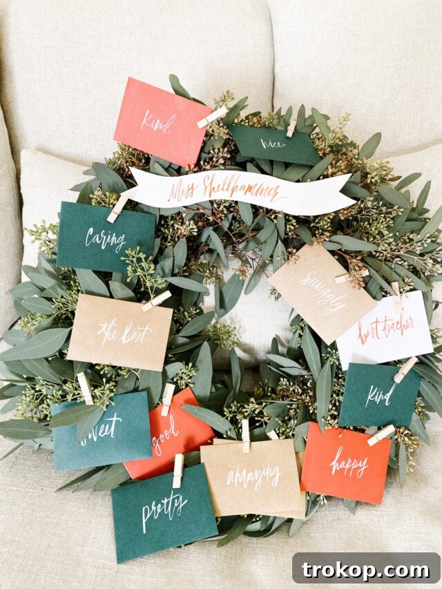 Christmas Gift Card Wreath, with gift cards clipped onto a wreath base