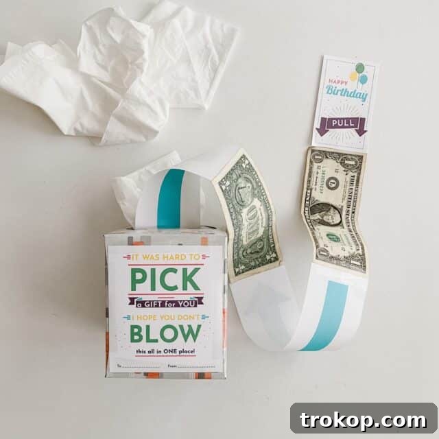 Tissue Box Money Roll for money gift ideas, pulling out bills from a tissue box