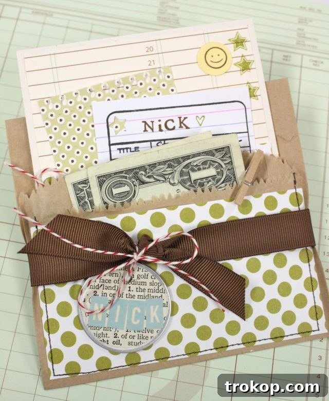 Paper Bag Pocket with twine and decorative elements for a money gift