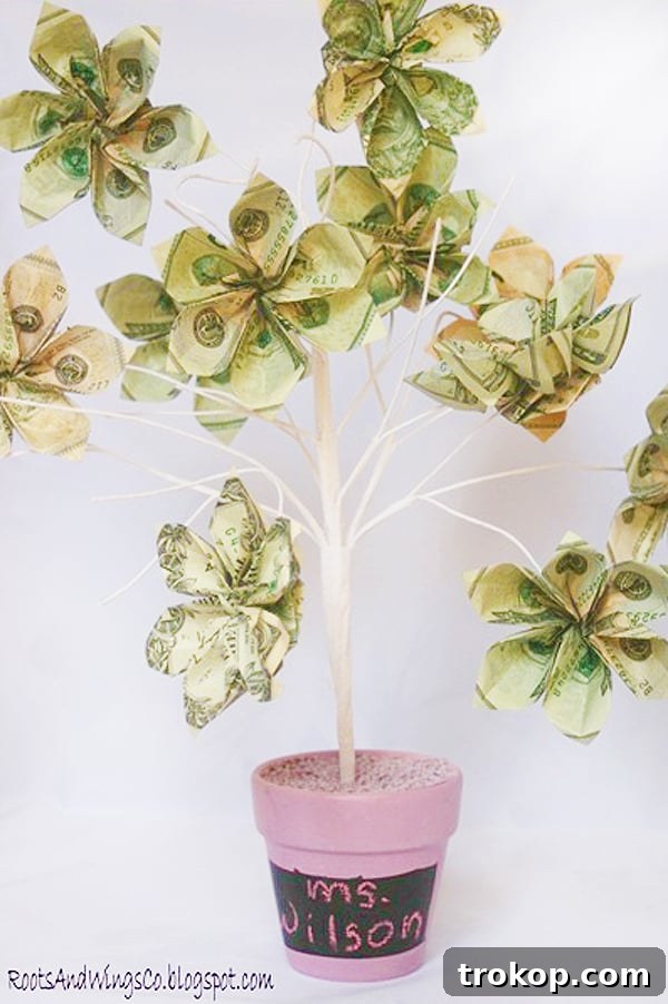 Money Tree for creative money gift ideas, with bills clipped to branches