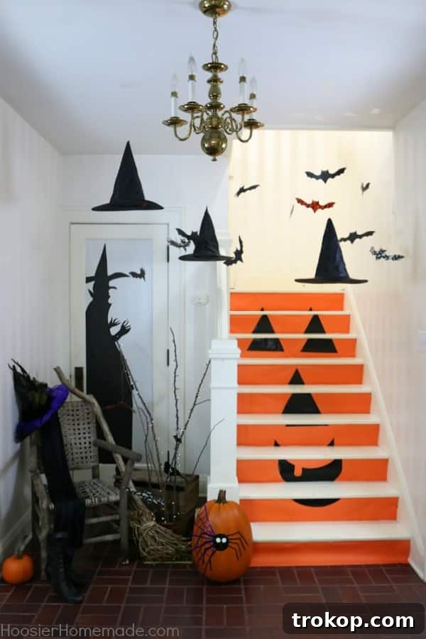 DIY Jack-o-Lantern stair riser idea for Halloween decor