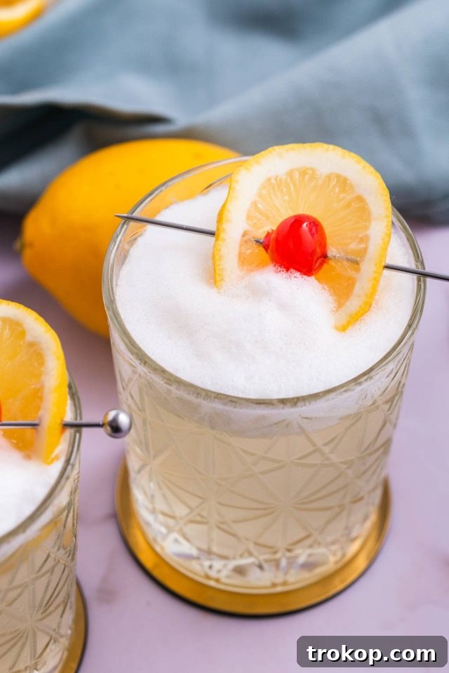 A perfectly prepared glass of frothy Vodka Sour, ready to be enjoyed