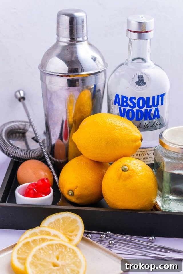 Ingredients laid out for making the perfect Vodka Sour cocktail, including fresh lemons and simple syrup