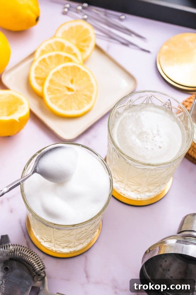 Adding the final frothy egg white topping to a Vodka Sour using a bar spoon
