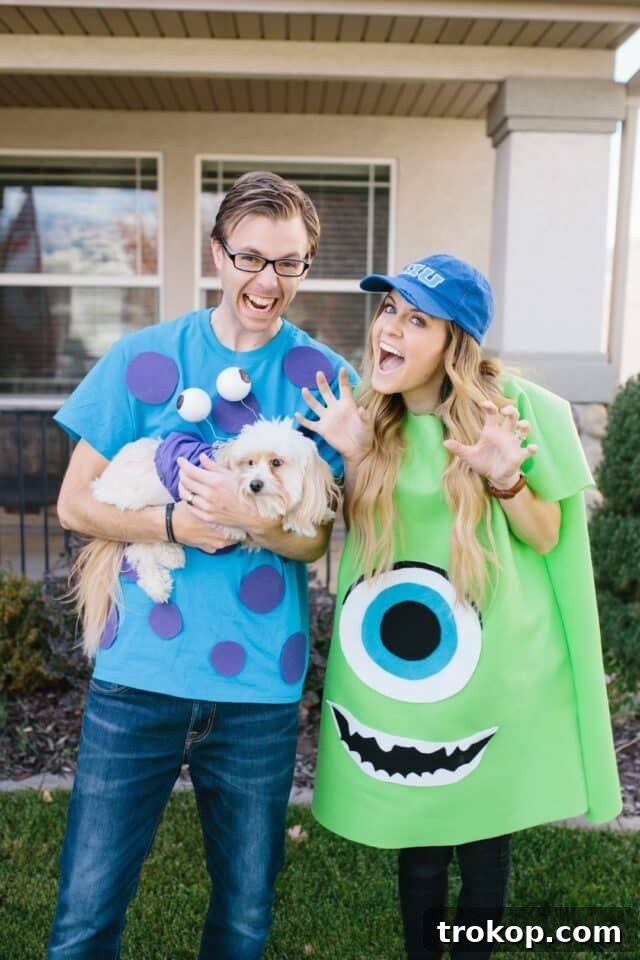 22 Pawsome Matching Halloween Costumes for Couples and Their Dogs 11 Disney Monsters Inc. Halloween costume with Mike, Sully, and Boo (dog) for a couple and their pet.