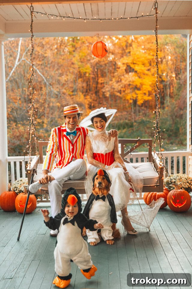 22 Pawsome Matching Halloween Costumes for Couples and Their Dogs 14 Mary Poppins family Halloween costume featuring a couple and their dog, a classy and charming idea.