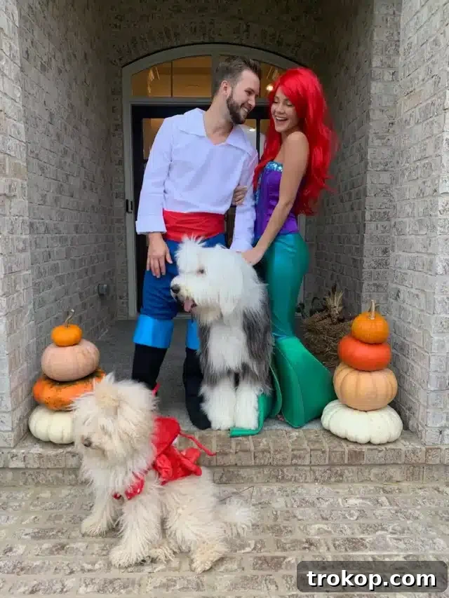 22 Pawsome Matching Halloween Costumes for Couples and Their Dogs 19 Little Mermaid group Halloween costume with Ariel, Prince Eric, and Max the dog.