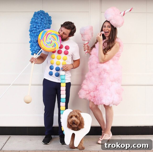 22 Pawsome Matching Halloween Costumes for Couples and Their Dogs 20 Sweet Tooth Halloween costume with a couple and their dog dressed as various candies and treats.