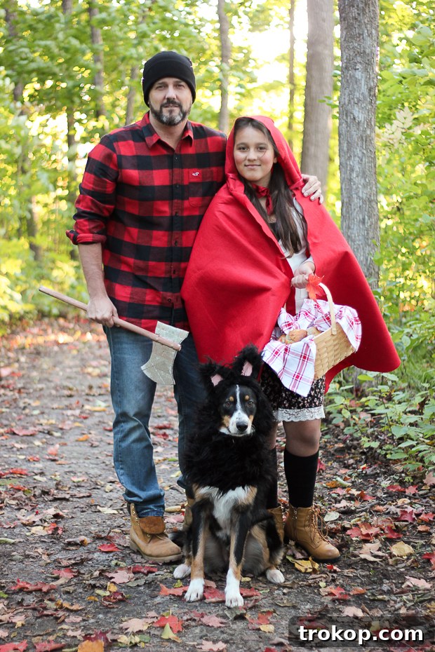 22 Pawsome Matching Halloween Costumes for Couples and Their Dogs 4 Little Red Riding Hood and Big Bad Wolf Halloween costume for a couple and their dog, a classic fairy tale theme.
