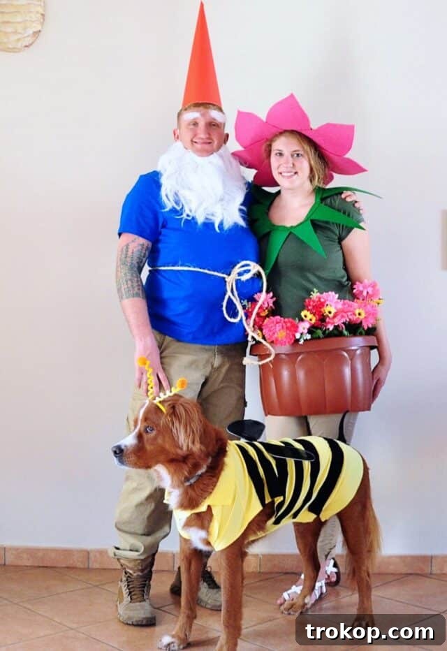 22 Pawsome Matching Halloween Costumes for Couples and Their Dogs 8 Garden Gnome, Flower, and Bee themed Halloween costumes for a family including their dog.