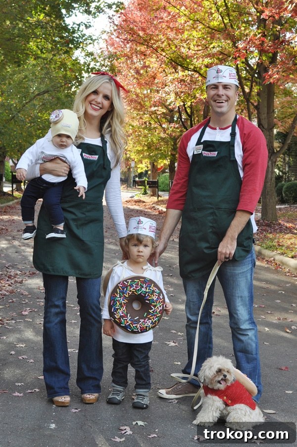 22 Pawsome Matching Halloween Costumes for Couples and Their Dogs 10 Couple and dog dressed as Krispy Kreme donuts and coffee for Halloween, a sweet and authentic costume idea.
