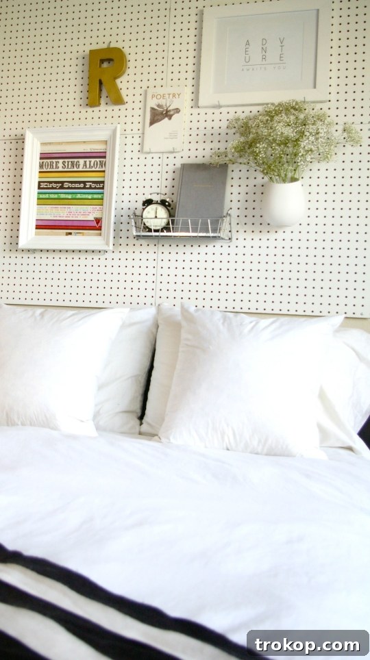 Crafting Your Dream Bedroom: DIY Headboard Inspiration 5 Functional and stylish DIY pegboard headboard with integrated storage and decor.