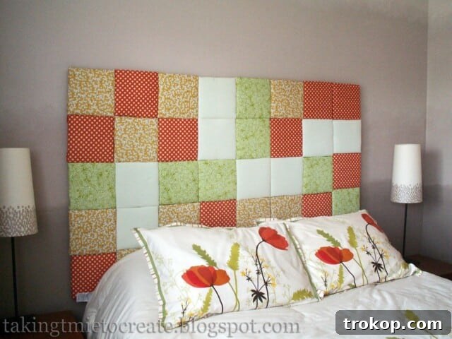 Crafting Your Dream Bedroom: DIY Headboard Inspiration 9 Colorful patchwork headboard adding a unique, personalized touch to bedroom decor.