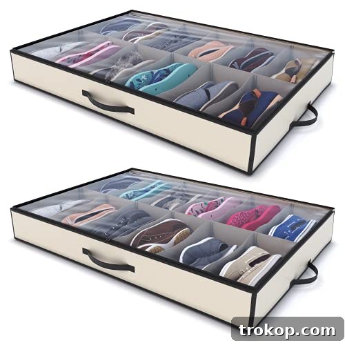 Maximize Space with Smart Under Bed Shoe Storage 3 Woffit Under Bed Shoe Storage Organizer – Set of 2 Large Containers, Each Fit 12 Pairs of Shoes – Sturdy Box w/Strong Zipper & Handles – Underbed Organizers for Kids & Adults