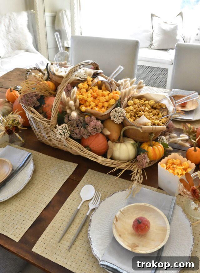 Creative Thanksgiving Table Decor: DIY Ideas for a Festive Feast 14 Thanksgiving Popcorn Cornucopia Centerpiece with treats