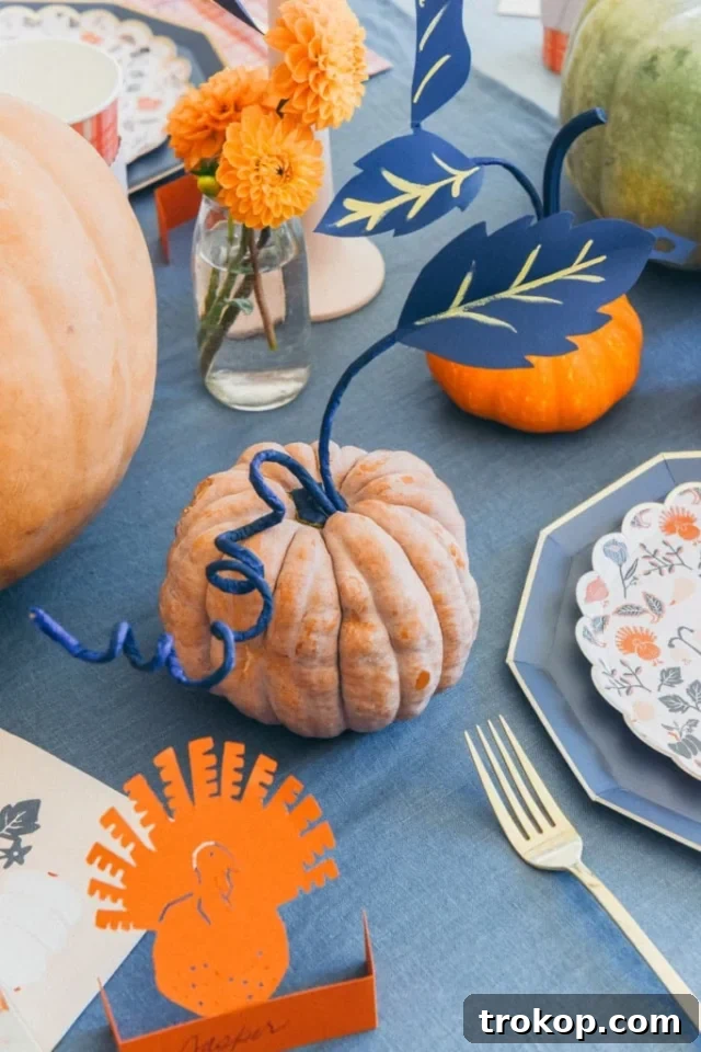 Creative Thanksgiving Table Decor: DIY Ideas for a Festive Feast 34 DIY Paper Stems on Pumpkins for Thanksgiving table decorations