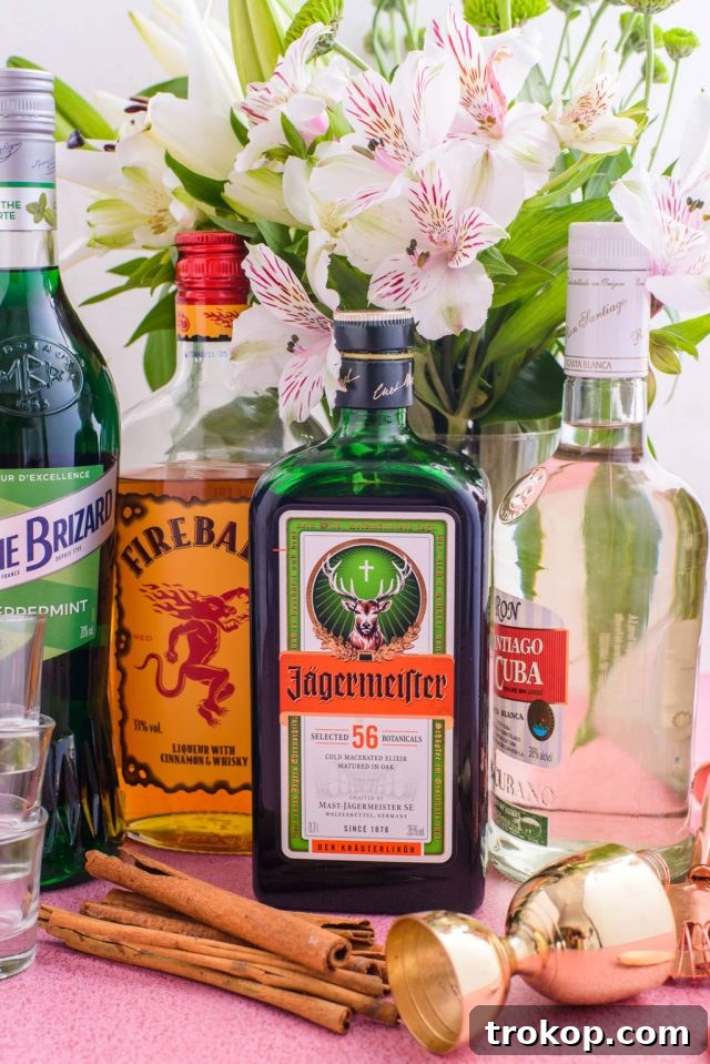 Jagermeister, Fireball, and 151 proof rum, the key ingredients for a Liquid Cocaine Shot.