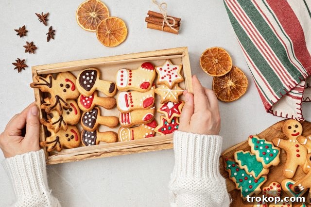 A festive array of holiday cookies meticulously arranged in a gift box, showcasing various shapes, colors, and decorations, perfect for inspiring your own cookie box creations.