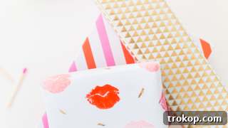 DIY Lip Patterned Gift Wrap, showing how to make unique, personalized wrapping paper with a lip print design.