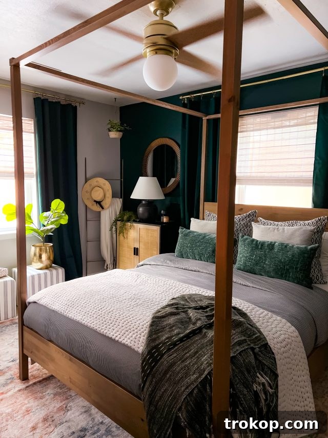 The Art of Decorating a Serene Green Bedroom 2 Stunning emerald green bedroom with luxurious bedding