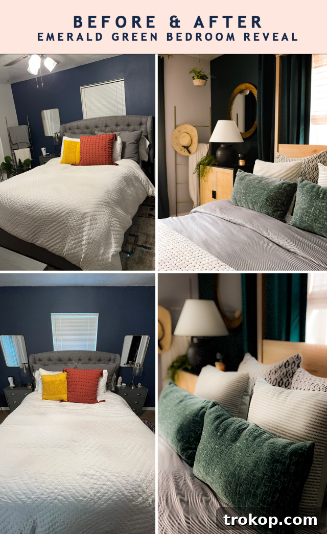 The Art of Decorating a Serene Green Bedroom 4 Before and after transformation of an emerald green bedroom