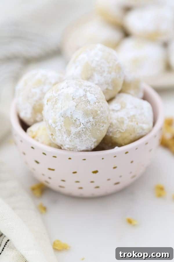 Holiday Cookie Masterclass: Recipes for Delicious Treats and Stunning Displays 21 Delicate Snowball Cookies, dusted generously with powdered sugar, offering a melt-in-your-mouth texture.