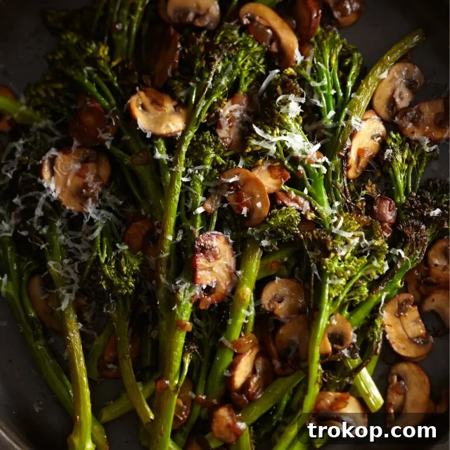 Roasted Broccolini with Winey Mushrooms, a sophisticated Christmas vegetable dish idea.