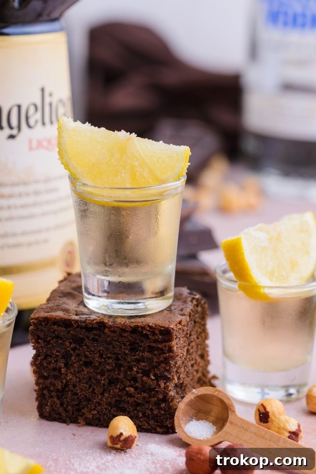 Chocolate Cake Shot served on a cake with a lemon garnish, illustrating its dessert-like appeal