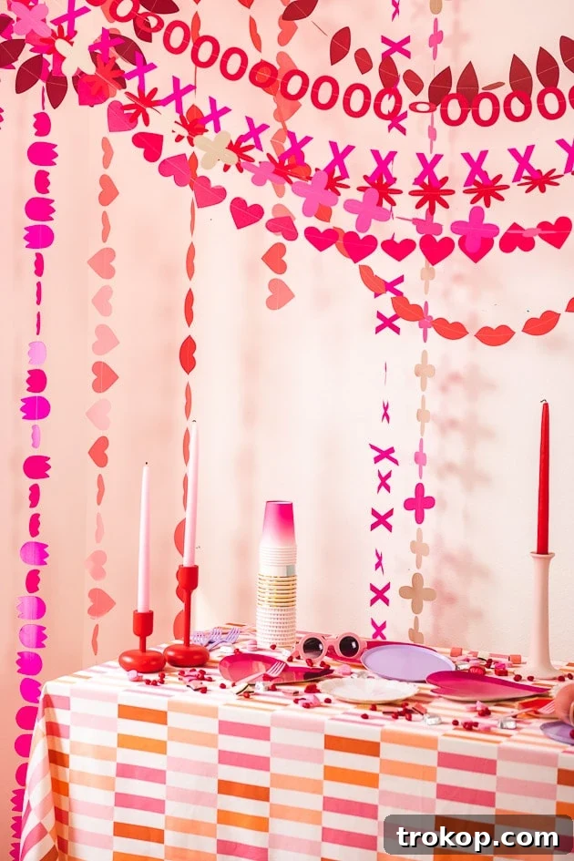 Creative Valentine's Day Party Concepts 21 Valentine’s Day Garland made from paper hearts and other festive shapes.