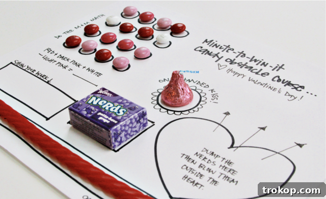 Creative Valentine's Day Party Concepts 22 Valentine’s Minute to Win It Games setup with various heart-themed props and challenges.