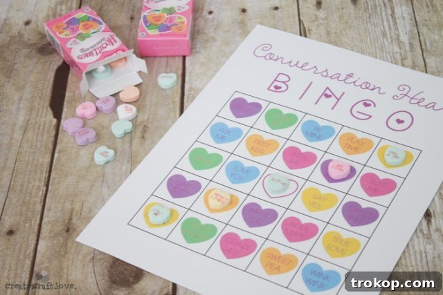 Creative Valentine's Day Party Concepts 24 Conversation Heart Bingo game board with various sweet messages on heart shapes.