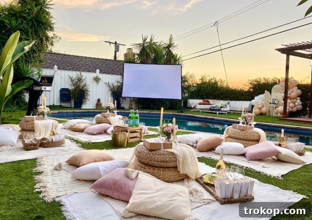 Creative Valentine's Day Party Concepts 3 Backyard Movie Night Party for a Valentine's Day Party Idea, featuring a projector screen, cozy seating, and ambient lighting.