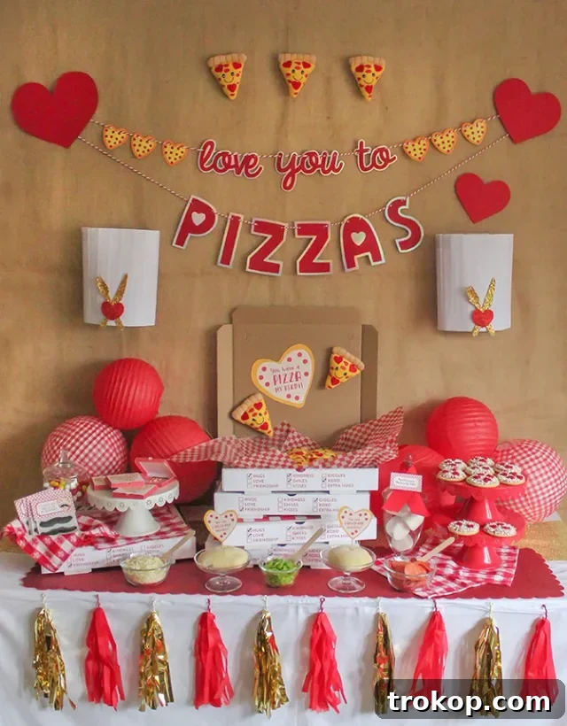 Creative Valentine's Day Party Concepts 8 Valentine's Day Pizza Party with heart-shaped pizzas and festive decorations.
