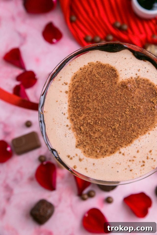 Godiva Chocolate Martini garnished with a chocolate powder heart