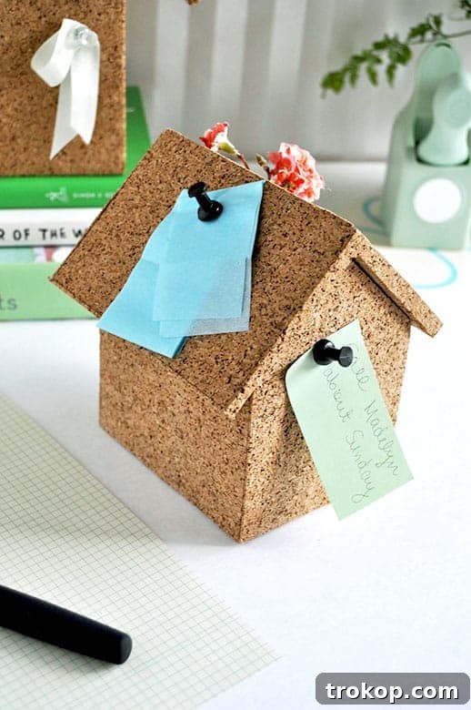 DIY Cork Storage Box - a charming house-shaped organizer for office supplies and pin notes on the outside