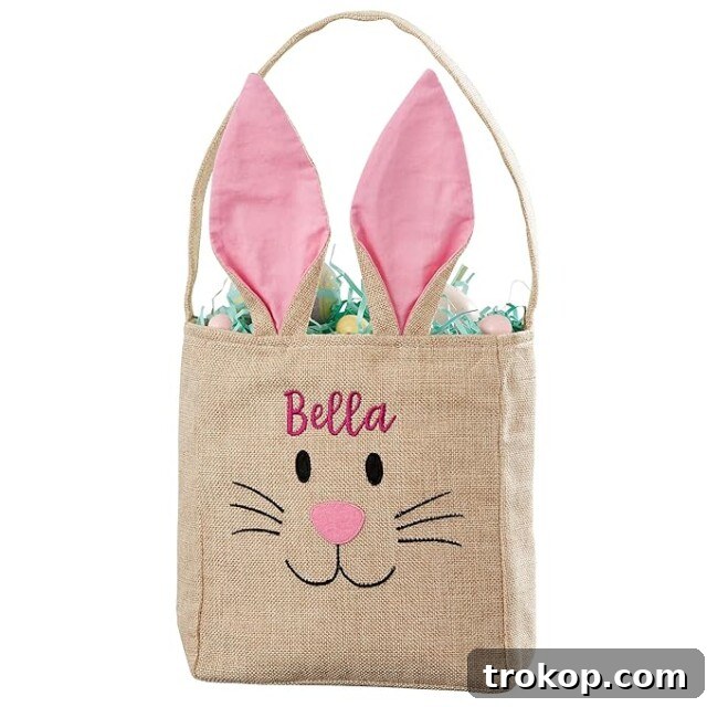Personalization Universe Bunny Face Personalized Easter Treat Bag, Embroidered Burlap Easter Basket, Ideal for Easter Basket Stuffers, Blue & Pink Available, Easter Candy Bag with Bendable Ears- Pink