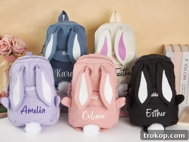 Custom Boys Girls Kindergarten Bunny School Bag,Backpack with Bunny Ears and Tail,Nursery School Bag,Easter Name Backpack,Gift for Daughter